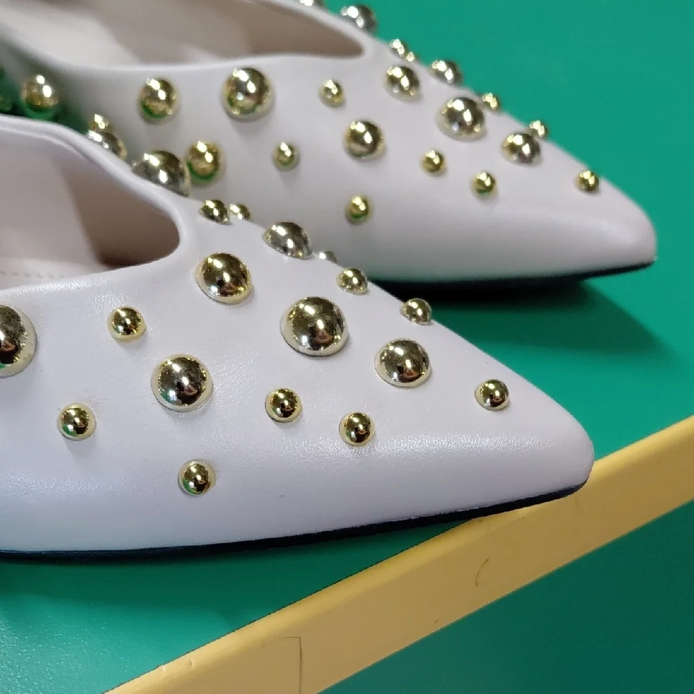 White Mary Jane Flats with Gold Stud Accents - Picture 4 of 7